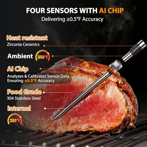 TEMMIO Wireless Meat Thermometer with 4 Probes Bluetooth Digital Cooking Thermometer