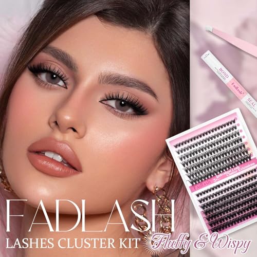 FADLASH DIY Eyelash Extension Kit, 240Pcs Lash Clusters with Lash Bond and Seal, Clusters Eyelash Applicator Tool, D Curl DIY Lash Kit (30D+40D Kit)