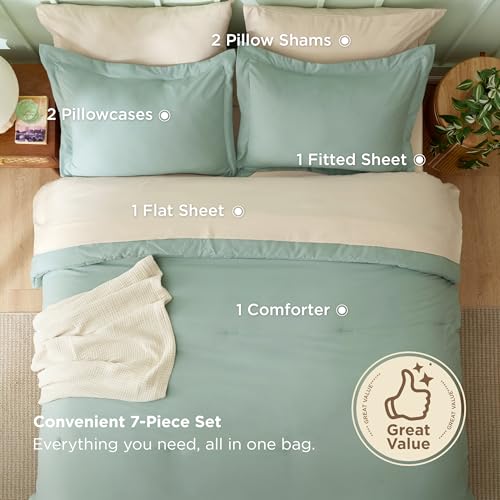 Bedsure Queen Bed in a Bag - Sage Green Comforter Set, 7 Pieces, Contrasting Colors