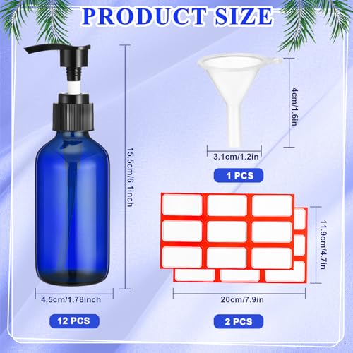 Blue Glass Travel Pump Bottles Set with Labels & Funnel - 12 Pack, 4 oz