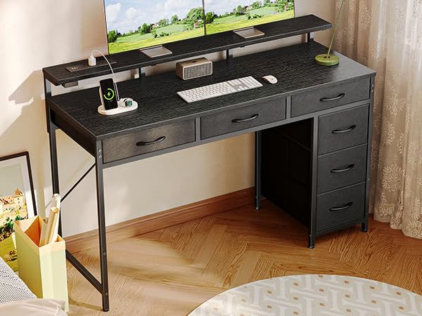 Huuger 47-Inch Black Gaming Desk with LED RGB Lights, 6 Drawers & Power Outlets