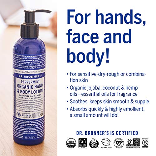 Dr. Bronner's Organic Lotion (Peppermint, 8 Ounce) ? Organic Moisturizer for Hands, Face & Body ? Vegan, Non-GMO