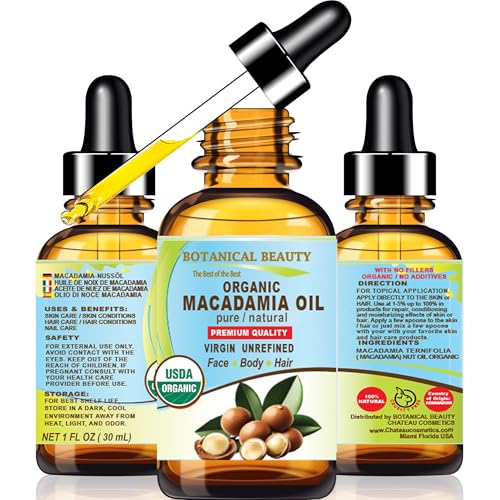 Botanical Beauty Organic MACADAMIA OIL 100% Pure Natural VIRGIN UNREFINED Cold-Pressed Carrier Oil for Face, Skin, Body, Hair, Lip, Nails. Rich in Vitamin E (1 Fl Oz)