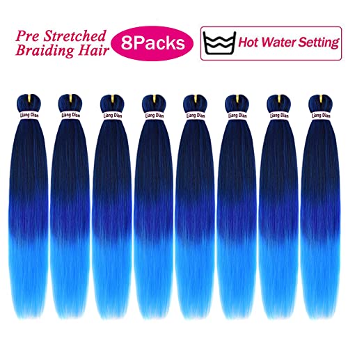 Pre-Stretched Braiding Hair 36 Inch 8 Packs - Mixed Black, Dark Blue, Light Blue