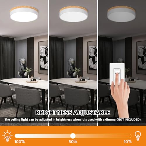 Dimmable Wooden LED Flush Mount Ceiling Light - White, 11.8 Inch, 5 Color Temps