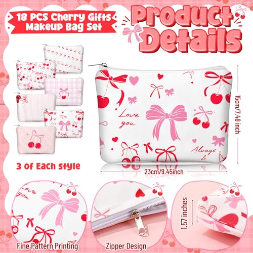 Kacctyen 18 Pcs Pink Cherry Bow Coquette Makeup Bag Cute Bow Canvas Cosmetic Bag International Womens Day Gifts for Women Girl with Zipper Aesthetic Travel Pouch Birthday Party Favor
