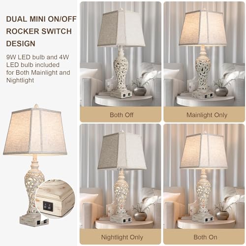 Cream Set of 2 28.5-Inch Bedside Table Lamps with Nightlight & USB Ports