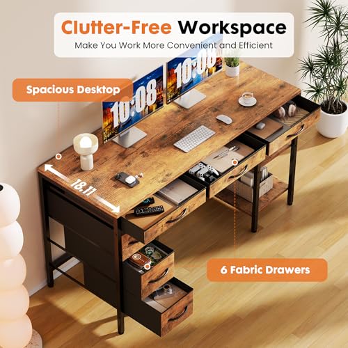 Rustic Brown 55-Inch Computer Desk with 6 Fabric Drawers & Adjustable Shelf