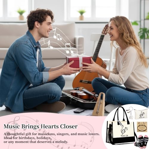 6 Pcs Music Theme Gifts for Women Canvas Tote Bag Cosmetic Pouch Crew Socks Bracelet Cards Keychains Musical Lovers Gifts Musicial Students Teachers Musicians Favors for Birthday