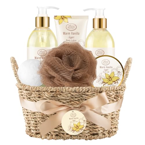 Bath & Body Gift Set, Warm Vanilla Sugar — 7pcs Gift Basket for Women (AriosoMonde)