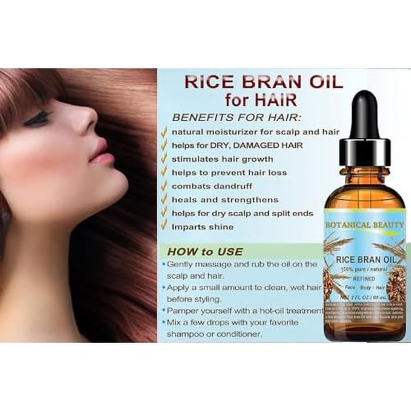 Botanical Beauty RICE BRAN OIL 100% Pure Natural Refined Undiluted Cold Pressed Carrier Oil for Face, Skin, Body, Hair, Massage, Nails. (1 Fl Oz)