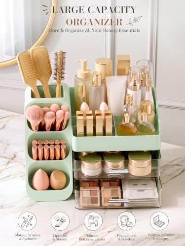 Green Large Makeup Organizer for Vanity and Countertop Storage