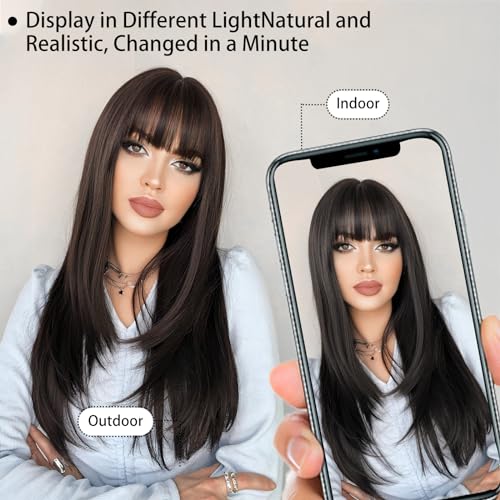 24 Inch Natural Black Layered Wig with Bangs for Women - Model 1B