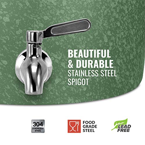 Porcelain Water Dispenser with Stainless Steel Faucet - Green Speckled Crock, Lid & Valve Included