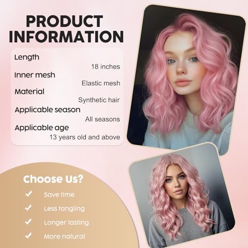 Pink Wavy Costume Wig for Women - 18-Inch Synthetic Hair, Halloween & Party Use - Pink