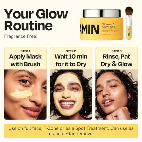 Gleamin Vitamin C Clay Mask for Dark Spots - Brightening Clay Face Mask with Turmeric, Deep Cleansing & Pore Refining Treatment, Helps Improve Uneven Tone & Post-Blemish Texture, 2.5 oz Up to 20 Uses