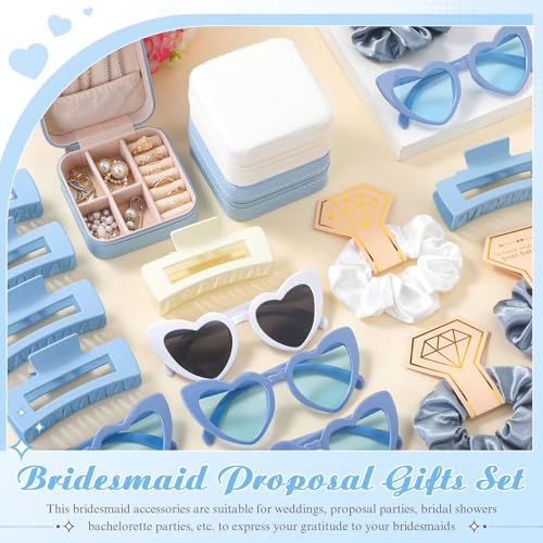 Bridesmaid Proposal Gift Set with White and Blue Accessories - Satin Scrunchies, Jewelry Boxes, Heart Sunglasses, Hair Clips
