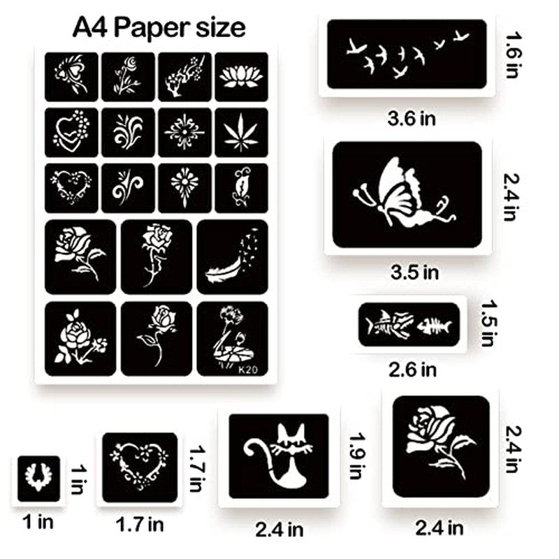 575pcs Temporary Tattoo Stencils, 20 Sheets Henna Tattoo Stencil Kit for Women Man Face Body Paint DIY Art Reusable Glitter Tattoo Stencils Pack
