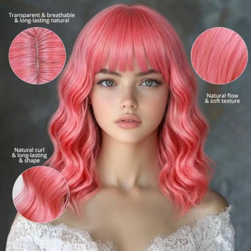 Sweetie Blush Pink Wavy Bob Wig with Bangs - Shoulder Length Synthetic Cosplay Hair (Soft Blush Pink)