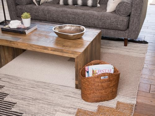 Oval Rattan Magazine Rack - Natural Woven Organizer for Living Room or Office