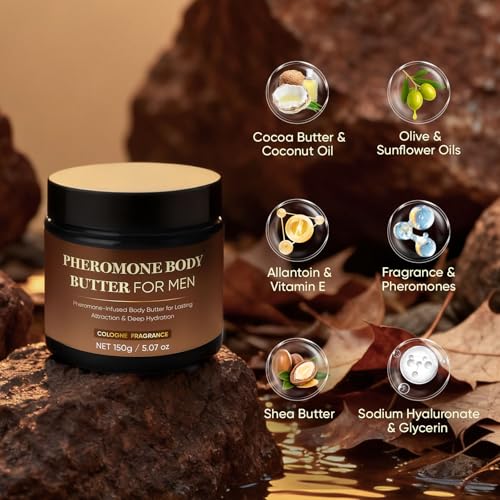 Pheromone Body Butter For Men | Cologned Skin Cream with Shea Butter, Cocoa Butter & Coconut Oil | Moisturizing, Long-Lasting Fragrance, Non-Greasy, Alcohol-Free, Vegan 5oz