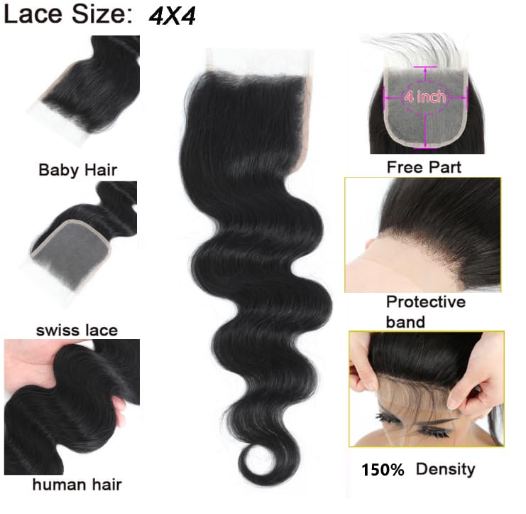 Remy 4x4 Lace Closure 10 Inch Human Hair Bundle Natural Black No Shedding