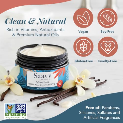 Whipped Body Butter with Organic Shea & Tahitian Vanilla - 4 oz Moisturizer for Dry Sensitive Skin
