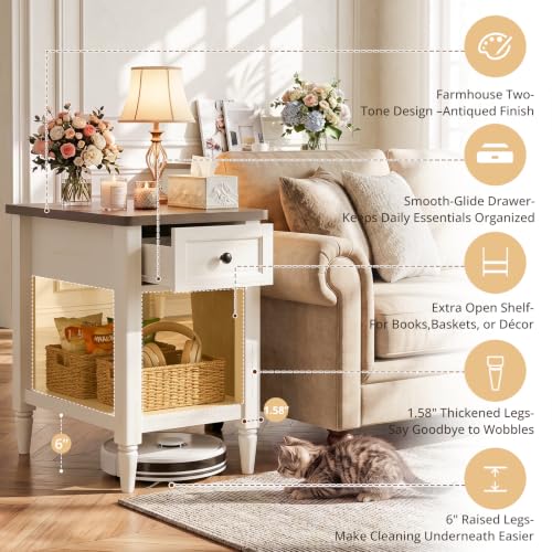 Narrow Rustic White Side Table with Charging Station - Cracked Oak Variation, 14" Wide