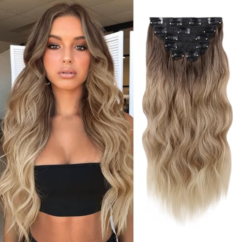 Ombre Blonde Clip-In Hair Extensions - 20 Inch Long Wavy Curly 6PCS Natural Hairpieces