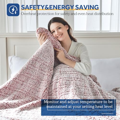 Sealy Queen Size Electric Blanket with Dual Control, Rust Red, 10 Heat Levels