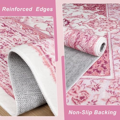 Macgace Bright Pink 8x10 Vintage Area Rug for Living Room, Washable & Non-Slip