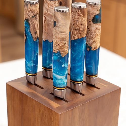 Rotating Magnetic Knife Block with Steak Knife Slots - Natural Acacia Wood, 360° Rotation