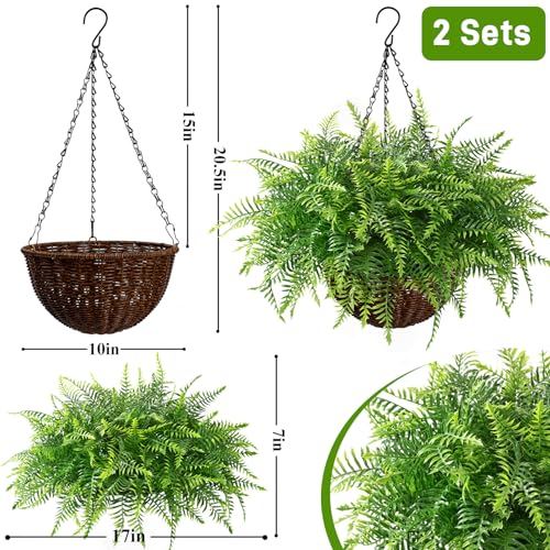 Fake Hanging Fern Plants Outdoor 2 Pack - Green faux Indoor & Outdoor Decor