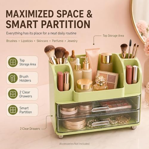 ROOM127 Vintage Green Makeup Organizer with 2 Clear Drawers & Brush Holders