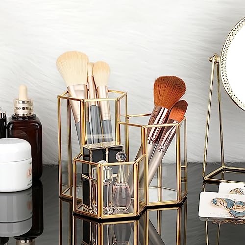 Hipiwe Glass Makeup Brush Holder 3 Slot Hexagon Large Gold Desktop Organizer