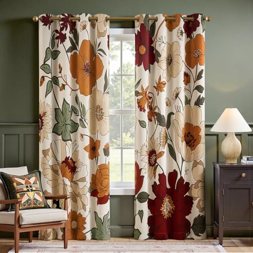 Boho Floral Blackout Curtains 84 Inch Grommet Panels - Orange/Red, 50W x 84L, Pack of 2