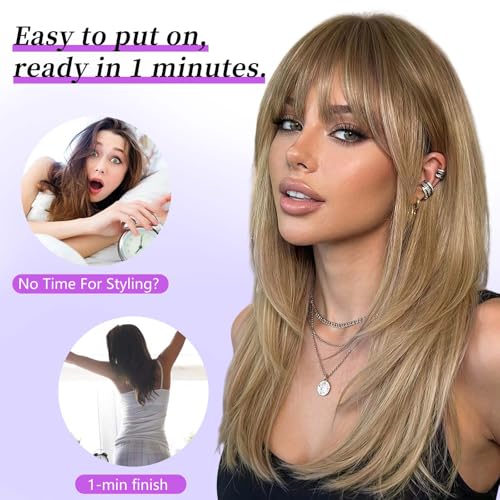 Ombre Blonde Layered Wig with Bangs - Beginner Friendly Synthetic Hair