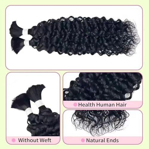 Human Braiding Hair 16 Inch Water Natural Curly Virgin Hair - Boho Braids, Wavy, Unprocessed - 2 Bundles