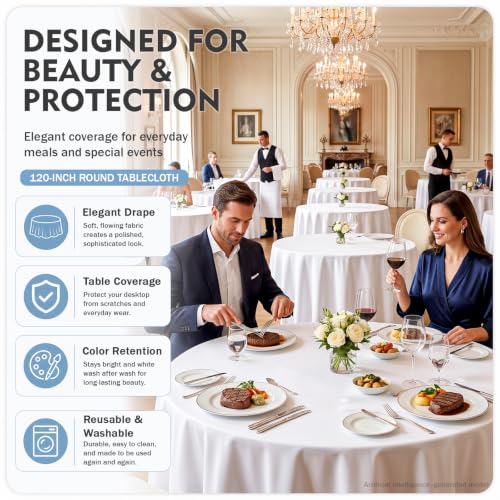 White Round Tablecloth 120 Inch Pack of 10 Washable Stain-Resistant Elegant Fabric