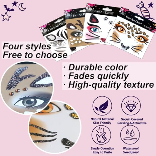Halloween Face Tattoos Stickers - Leopard, Cat, Elk, Zebras Temporary Tattoo Sticker Halloween Face Gem Self-Adhesive Sticker for Festival Holiday Party Cosplay Decoration 4 Pcs