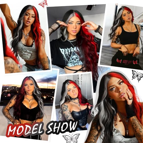 Black Wavy Wigs for Women 26 Inch Long with Red Grey Highlights - Middle Part Style