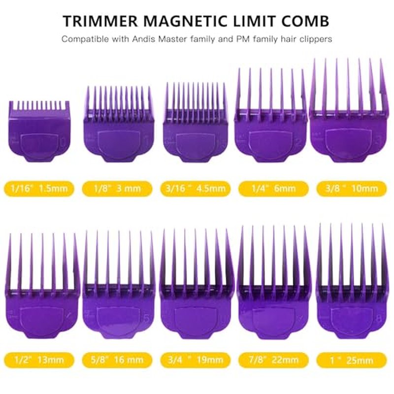 10-Pack Fit for Andis Magnetic Clipper Guards, Upgrade Professional Clipper Guard Comb Guides Fit for Andis Master Hair Clippers - 1/16" to 1"(Purple)