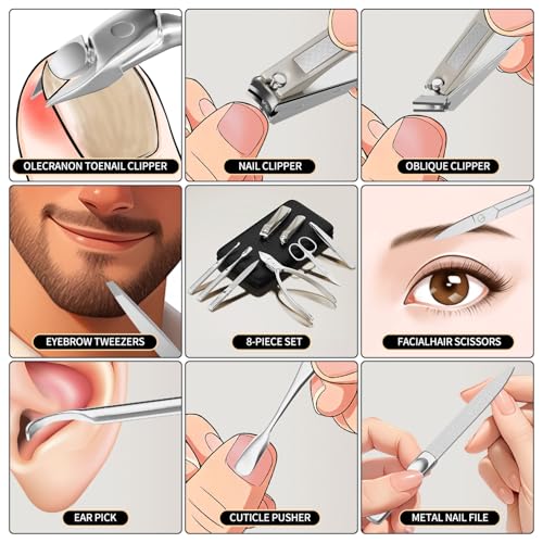 8-in-1 Manicure Pedicure Grooming Kit Stainless Steel Nail Clipper with Leather Case