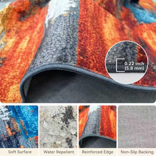 Burnt Orange and Teal Abstract Brushstroke Area Rug - 5' x 7' Rectangular, Low Pile, Non-Slip Backing