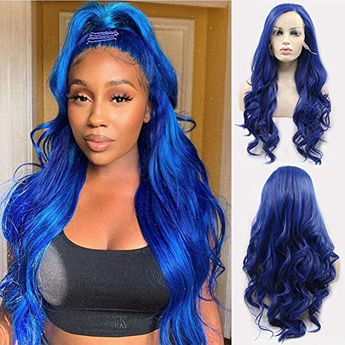 Dark Blue Lace Front Wigs for Women 24 Inch Curly Long Synthetic Heat-Resistant Hair