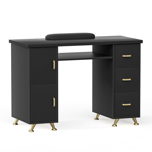 DeerDean Black Nail Tech Desk with Golden Handles & Extended Drawers & Cabinets & Wrist Cushion