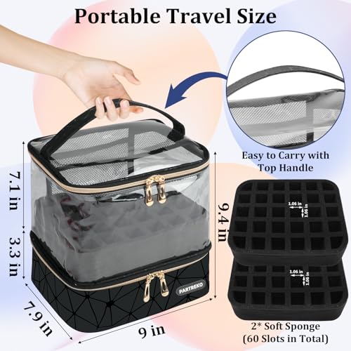 Black Double-Layer Nail Polish Organizer Bag Holds 60 Bottles & UV Lamp