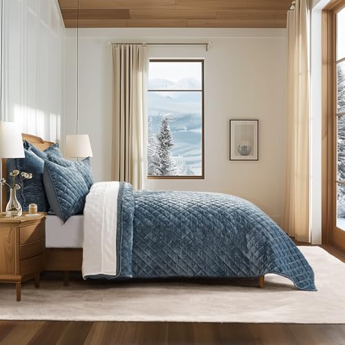 EverGrace Oversized Velvet Quilt Set - King Stormy Blue Diamond Embellished