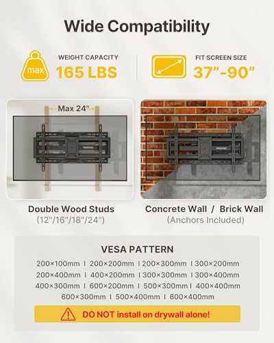 Heavy Duty Full Motion TV Wall Mount for 37-90 Inch TVs - Reinforced Dual Arms, Up to 165lbs, 25.1" Extension, VESA Compatible