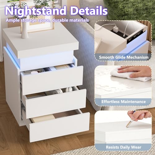 White Nightstand with Charging Station & RGB LED Lights - 17.72"W x 15.75"D x 26.57"H